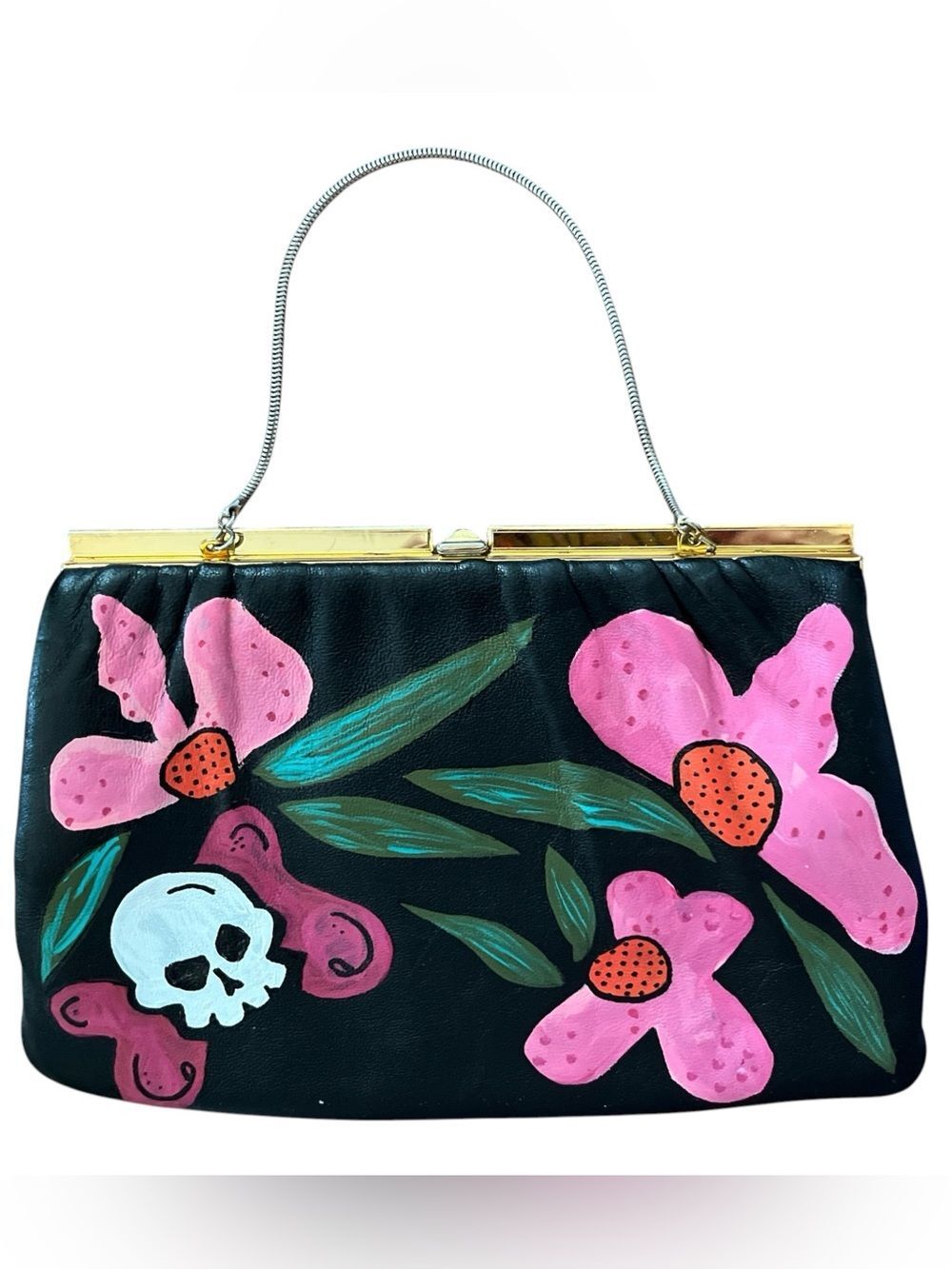 Vintage Genuine Black Leather Purse Hand Painted Floral Skull Butterfly Bag OOAK